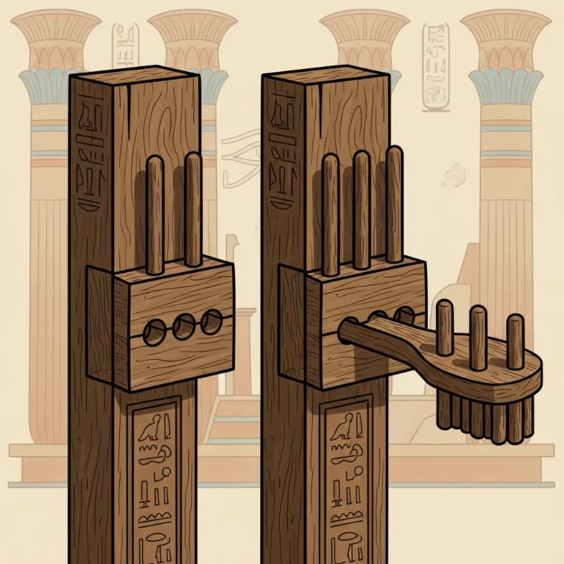Illustration of an ancient Egyptian wooden pin tumbler lock and its large wooden key, showing internal mechanism.