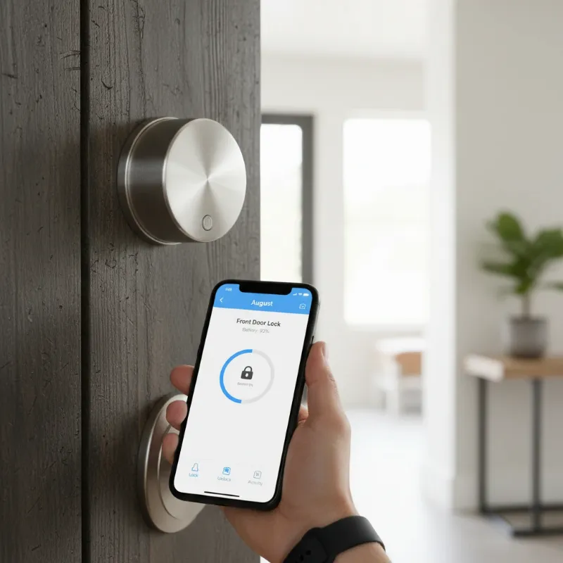 August Smart Lock on a door with a phone showing the August app's battery status, emphasizing battery life optimization.