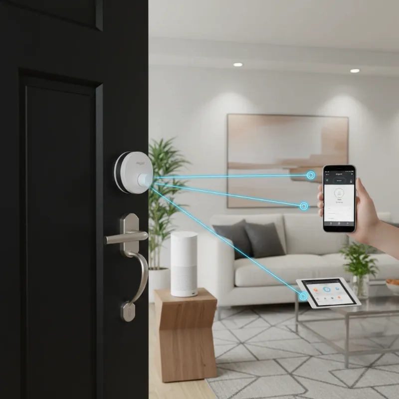 August Wi-Fi Smart Lock integrating with various smart home devices in a modern living room.