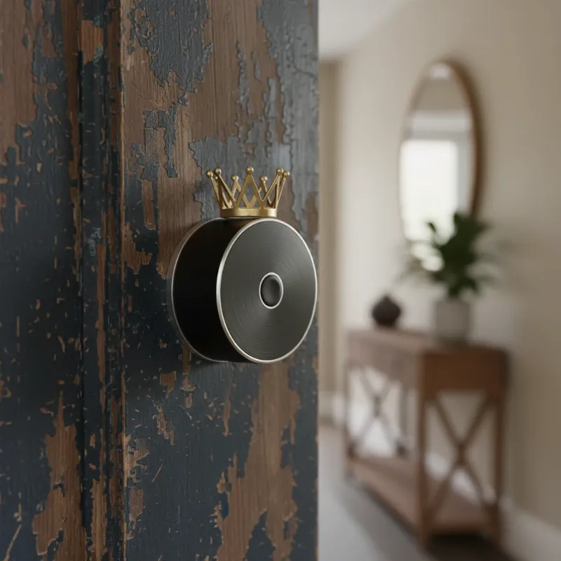 A majestic August Wi-Fi Smart Lock with a subtle crown, symbolizing its dominance in the retrofit smart lock market, on a rustic yet elegant door.