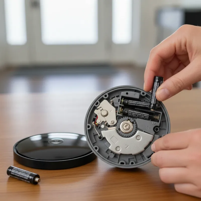 Hands replacing AA batteries in an August Smart Lock Pro, showing the faceplate removed and new batteries inserted correctly.