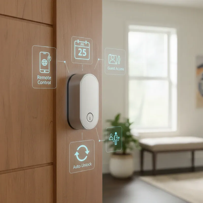 August Wi-Fi Smart Lock displaying key features like remote access and auto-unlock on a modern door.