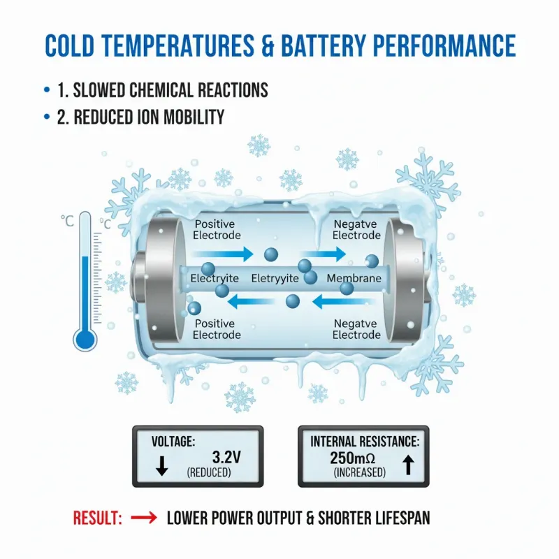 A scientific diagram illustrating a battery's efficiency decreasing in cold temperatures.