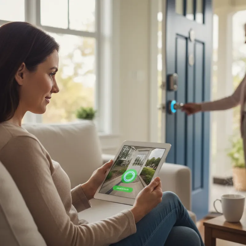 Caregiver remotely unlocking a smart lock for a senior, showcasing remote access and monitoring capabilities