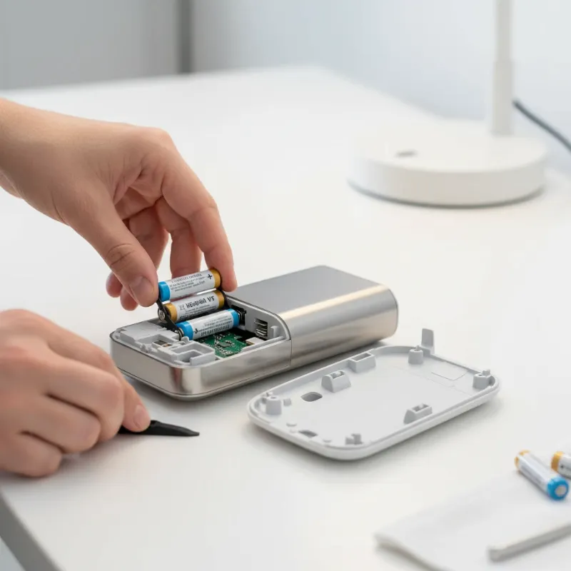 A person diligently replacing batteries in a modern smart lock, showcasing the ease of maintenance