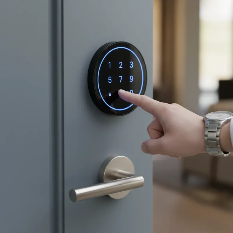 Person's hand entering a new, secure PIN code on a smart lock keypad, emphasizing security