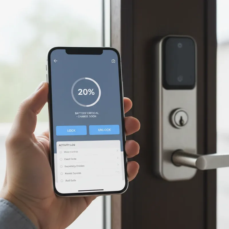 A person checking a smart lock's battery level on a smartphone app, illustrating proactive battery monitoring to prevent lockouts.