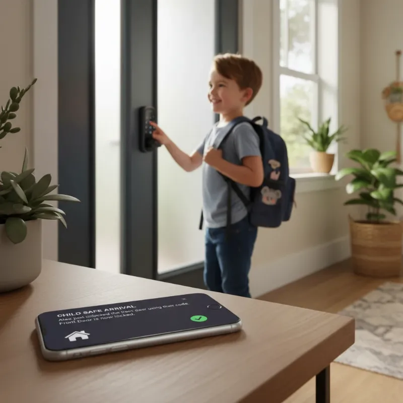A child using a smart lock's keypad, with a smartphone in the foreground displaying a notification, symbolizing parental awareness.