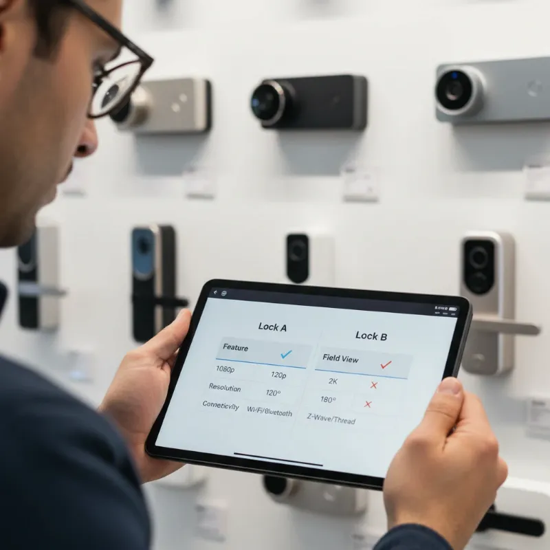A person comparing different smart lock features and specifications on a tablet, with various smart lock devices in the background.