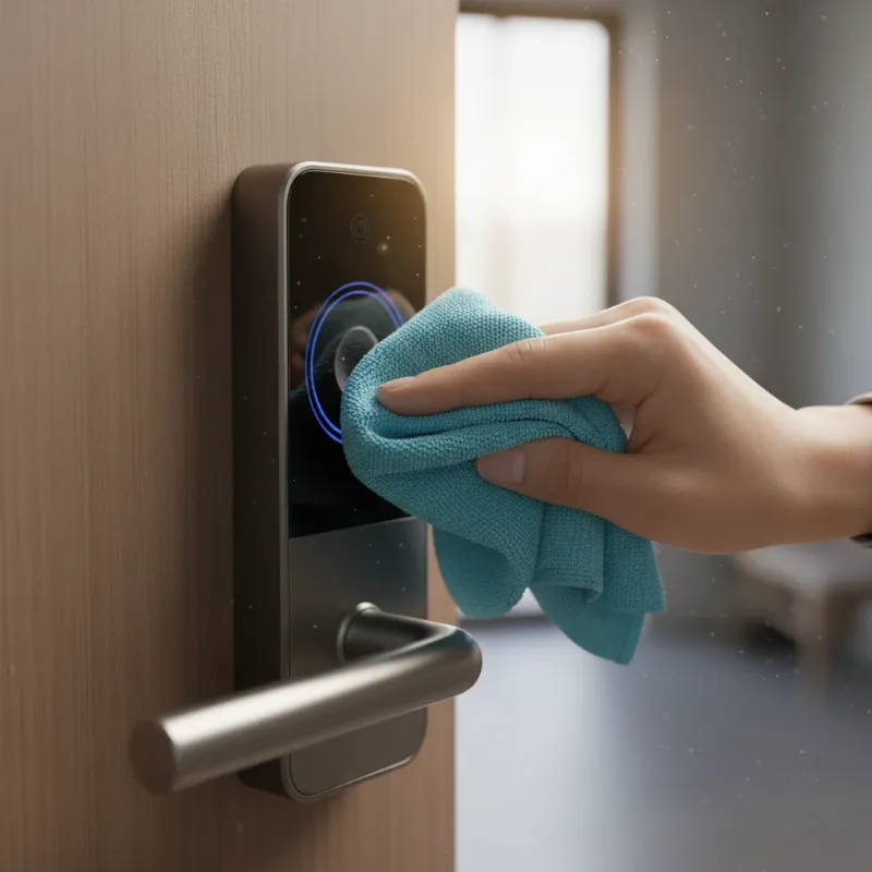 A close-up shot of a hand gently cleaning a smart lock's fingerprint sensor with a microfiber cloth to highlight maintenance.