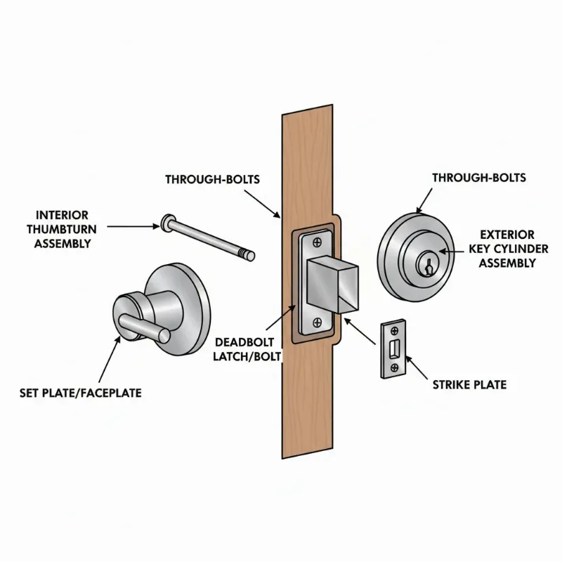 Diagram illustrating the main components of a standard deadbolt, including interior and exterior faceplates, bolt, and through-bolts.