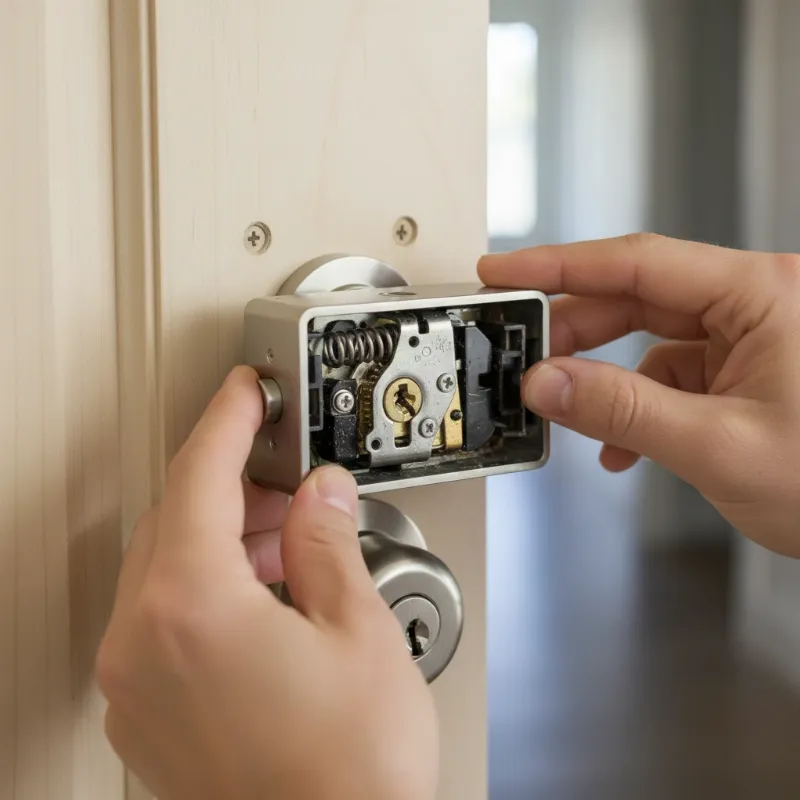 Hands carefully detaching the interior faceplate of a deadbolt from a wooden door after screws have been removed.