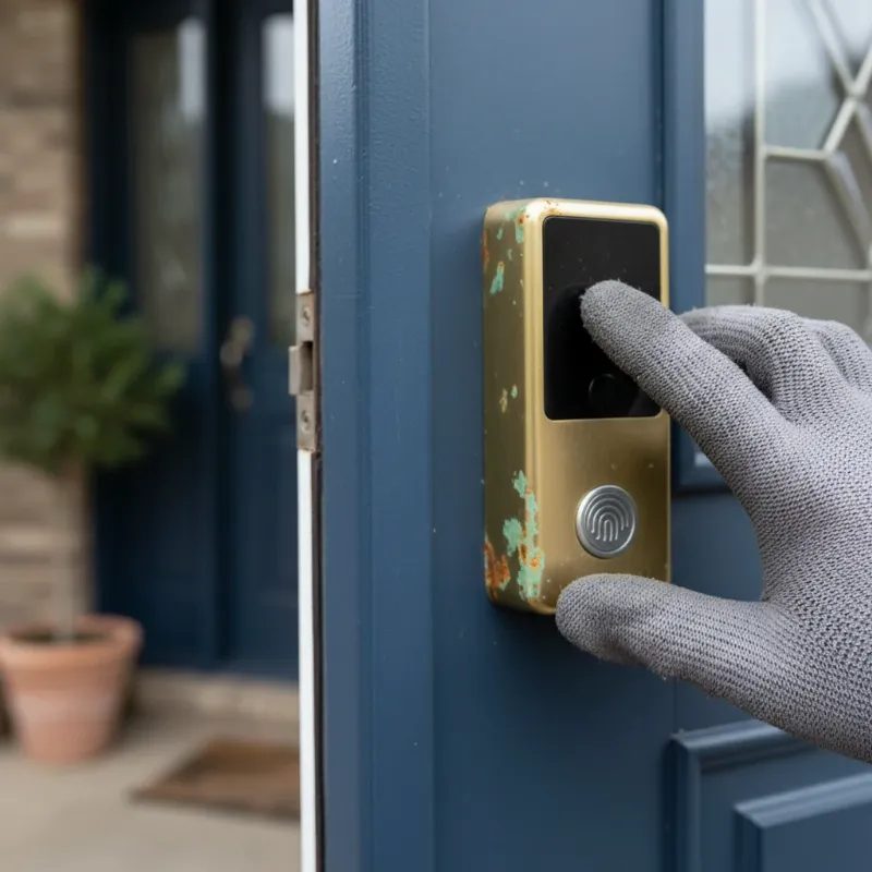 Homeowner inspecting an outdoor smart lock for signs of rust, discoloration, or functional issues.