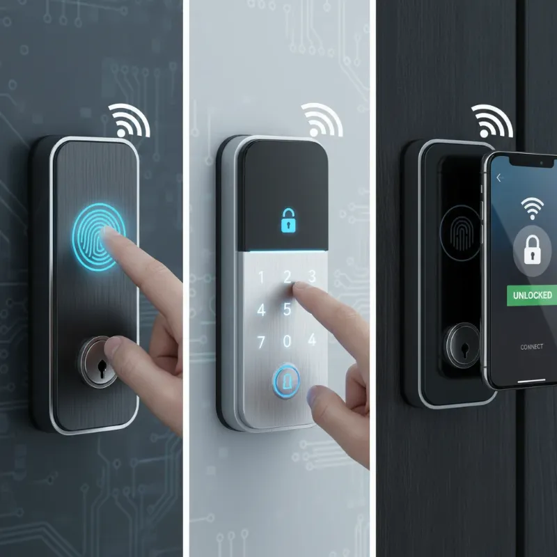 Various smart lock types like fingerprint, keypad, and smartphone controlled.