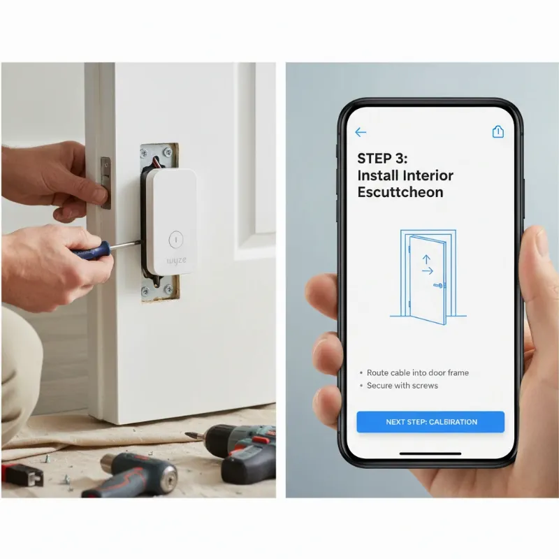 Person installing Wyze Lock Bolt interior unit while using the Wyze app on a smartphone for guidance.