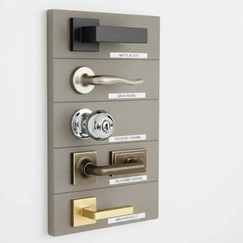 A diverse array of door hardware finishes showcasing different colors and textures, illustrating popular options like matte black, satin nickel, and polished chrome for home design.