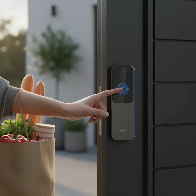 A person easily unlocking a sleek Eufy smart lock with a fingerprint, emphasizing convenience and modern design.