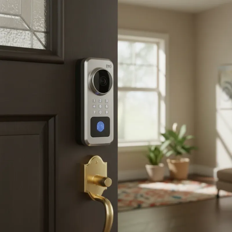 The Eufy Video Smart Lock with its integrated 2K camera and multiple access methods prominently displayed.