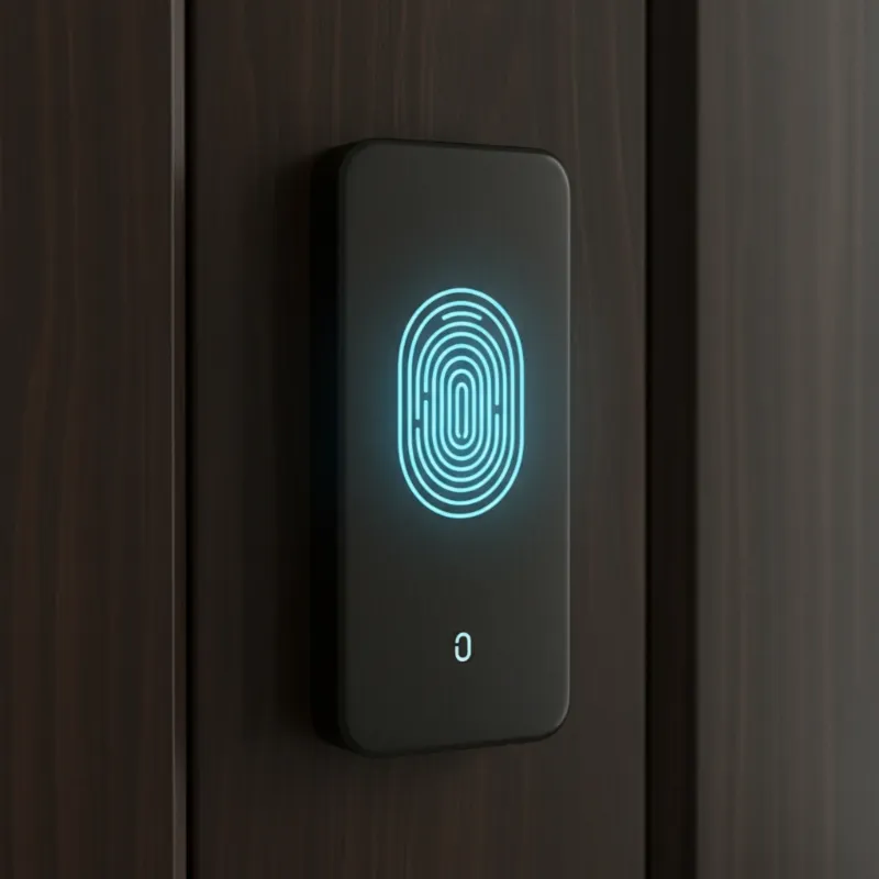 A close-up of a modern fingerprint smart lock on a dark wooden door, showing the biometric sensor.