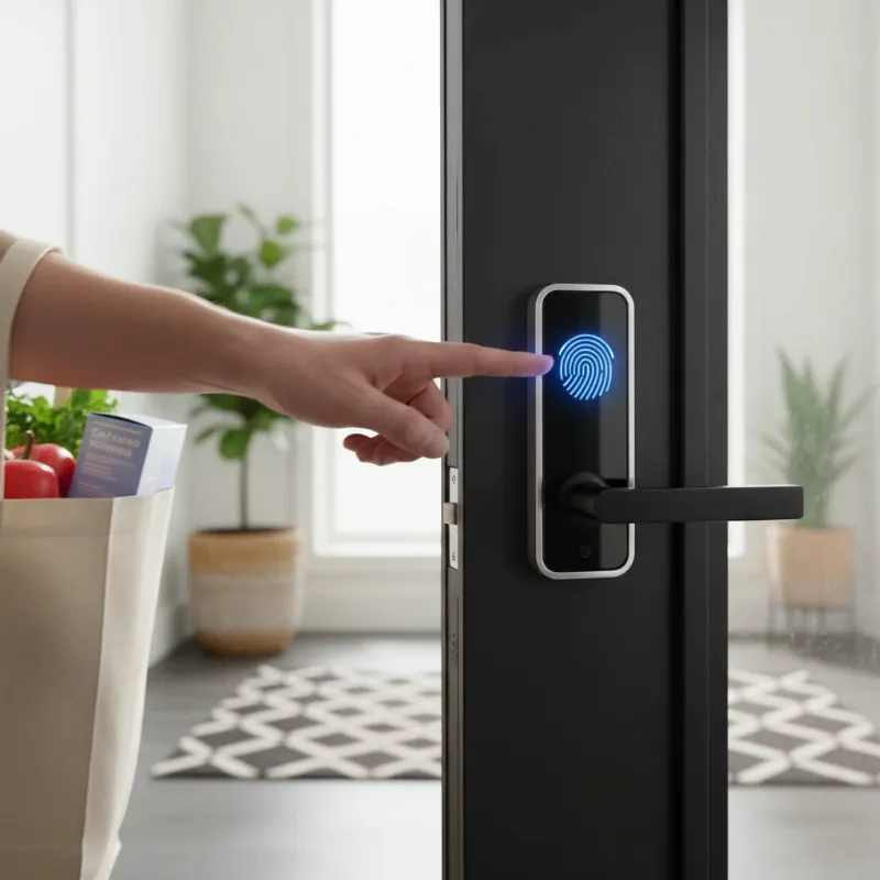 A person quickly unlocking a smart door lock with a fingerprint scan while holding groceries.