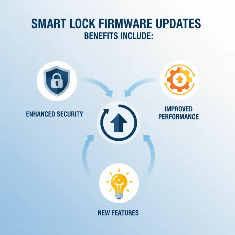 Icons representing enhanced security, improved performance, and new features from smart lock firmware updates.