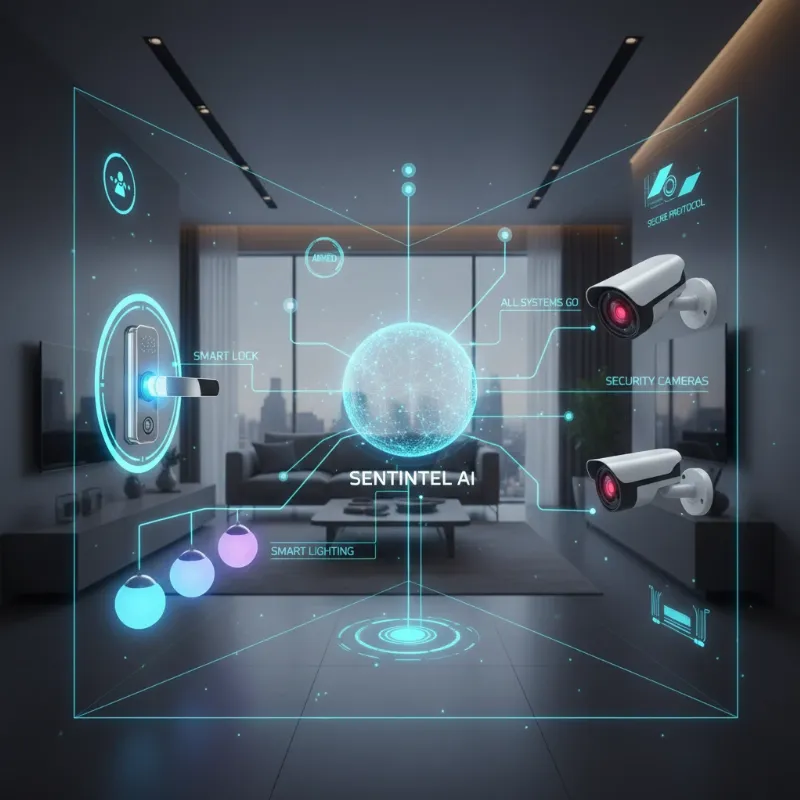 Futuristic home security with AI-powered smart locks and integrated smart home devices.