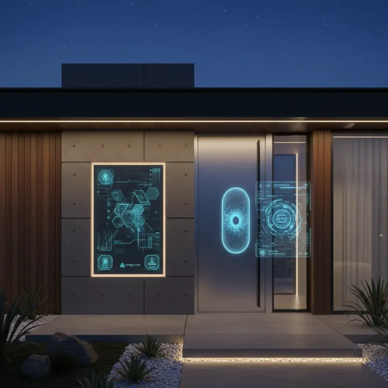 A futuristic smart home entrance with advanced biometric scanning, AI integration, and seamless smart home connectivity.