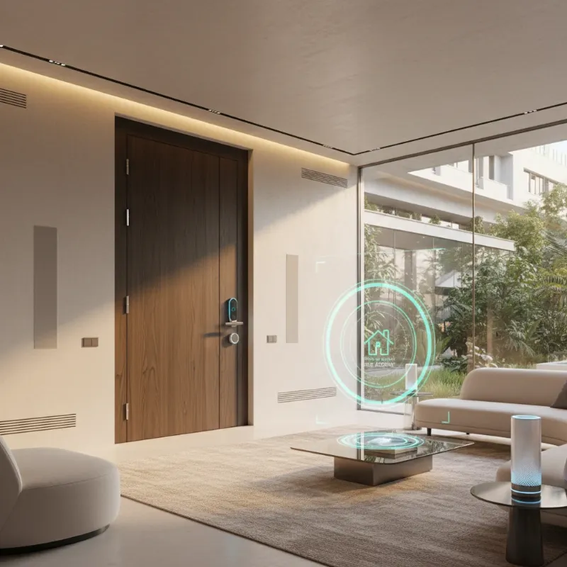 A futuristic smart home interior at dusk, with a sleek, minimalist smart lock on the door, seamlessly integrating with ambient lighting and a virtual assistant display, symbolizing advanced geofencing.