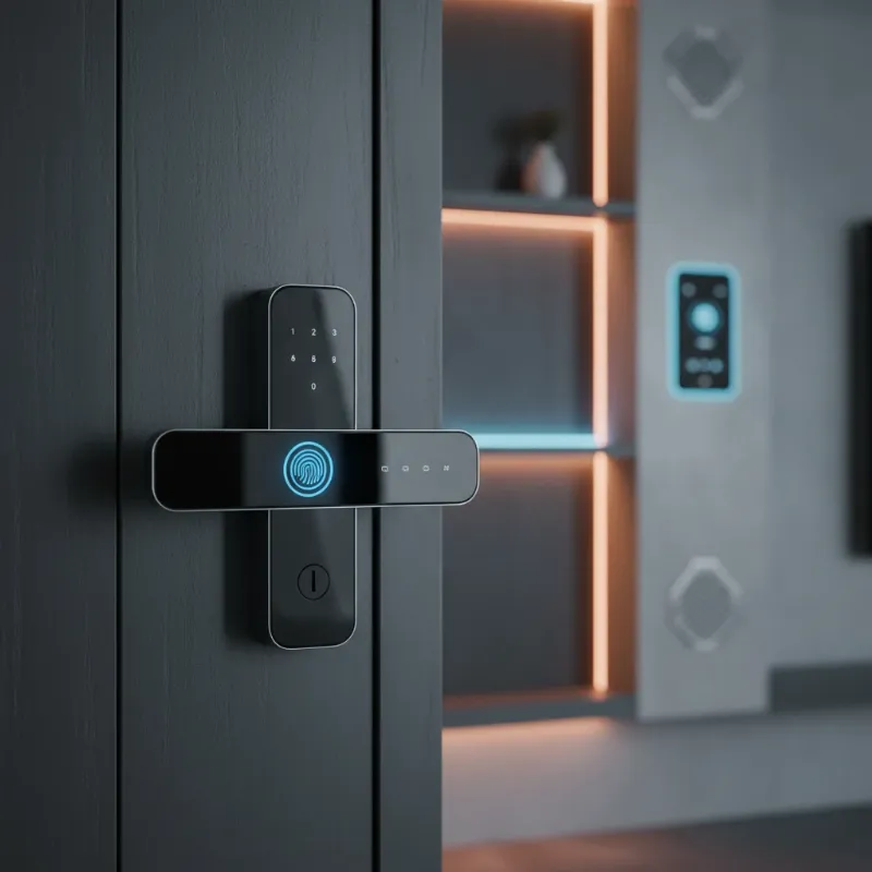 A sleek, futuristic smart lock seamlessly integrated into a smart home environment, representing advanced technology and convenience