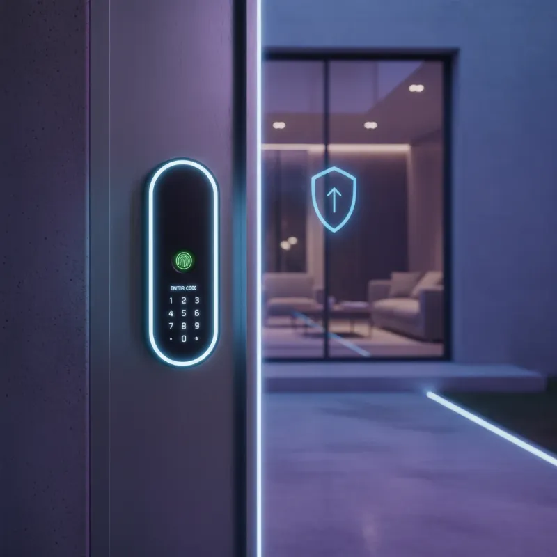 A futuristic smart home entrance with an integrated, minimalist smart lock, glowing with intelligent ambient light, showcasing advanced security and automation. 