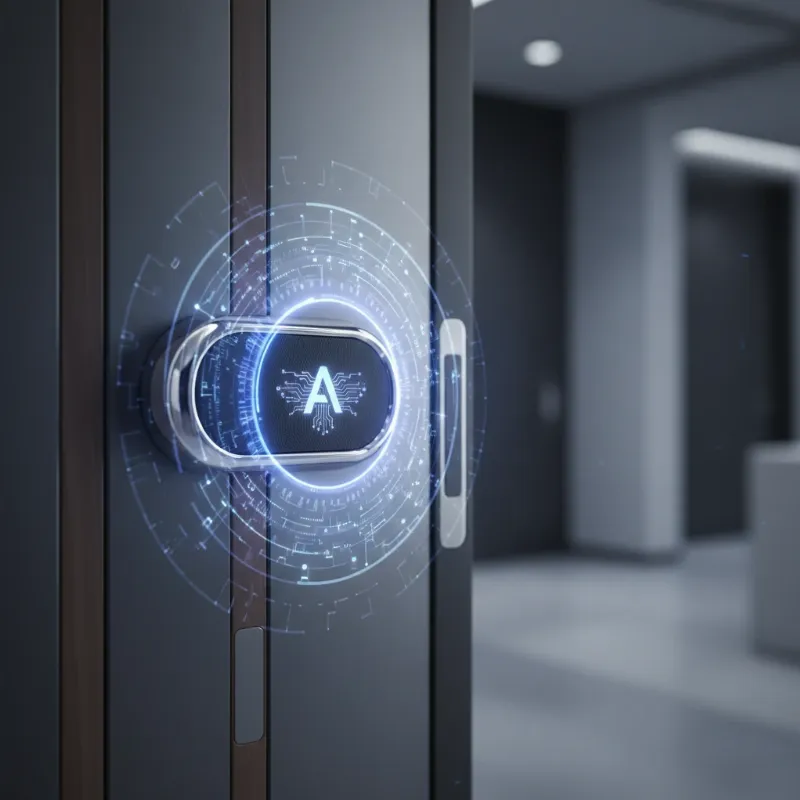 A futuristic smart lock on a sleek door, illustrating AI integration with a subtle holographic interface.