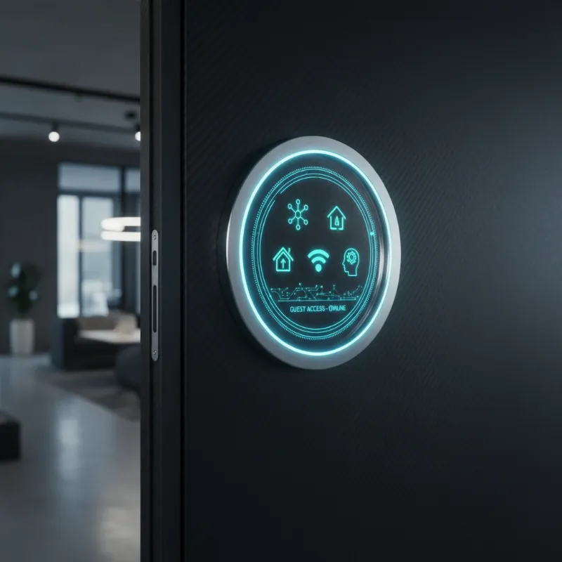 A futuristic smart lock integrated into a sleek door, displaying a holographic interface for guest access with AI and smart home symbols.