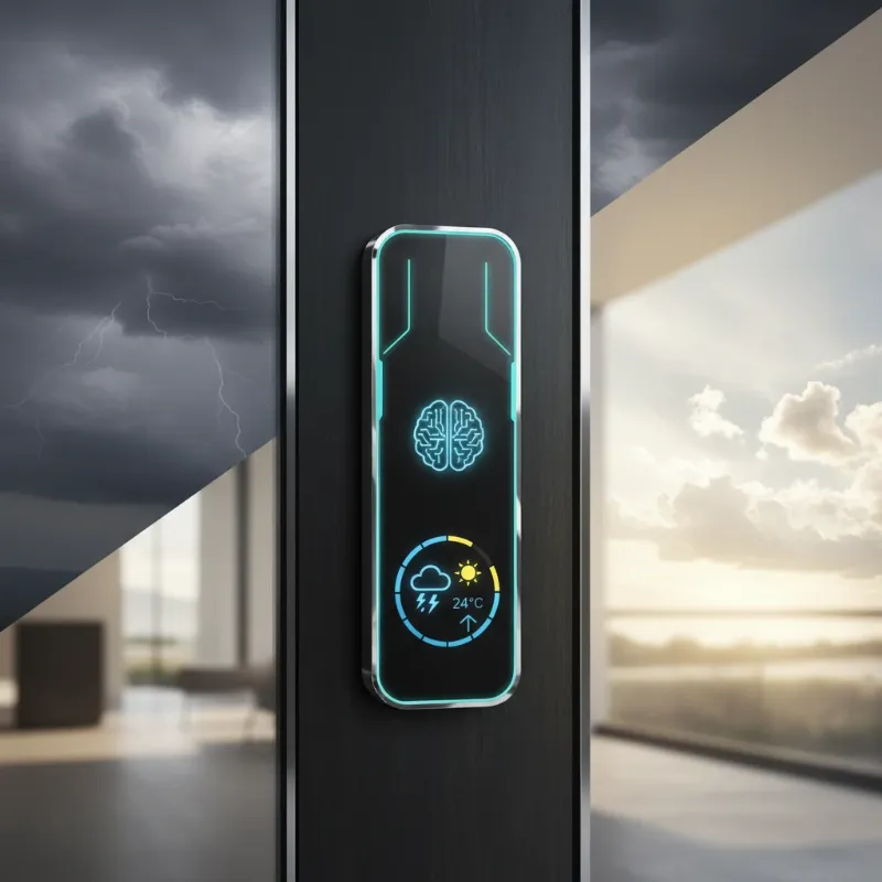 A futuristic smart lock on a door, glowing subtly, integrating AI for weather prediction and smart home connectivity.