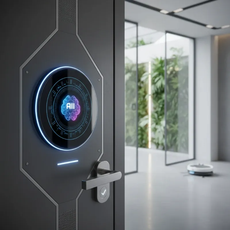 Futuristic smart lock with glowing interface, integrated into a sleek, modern door in a smart home setting. AI, seamless integration.