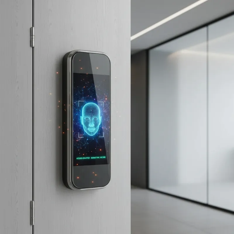 A conceptual image of a futuristic smart lock with AI features and advanced biometric recognition.