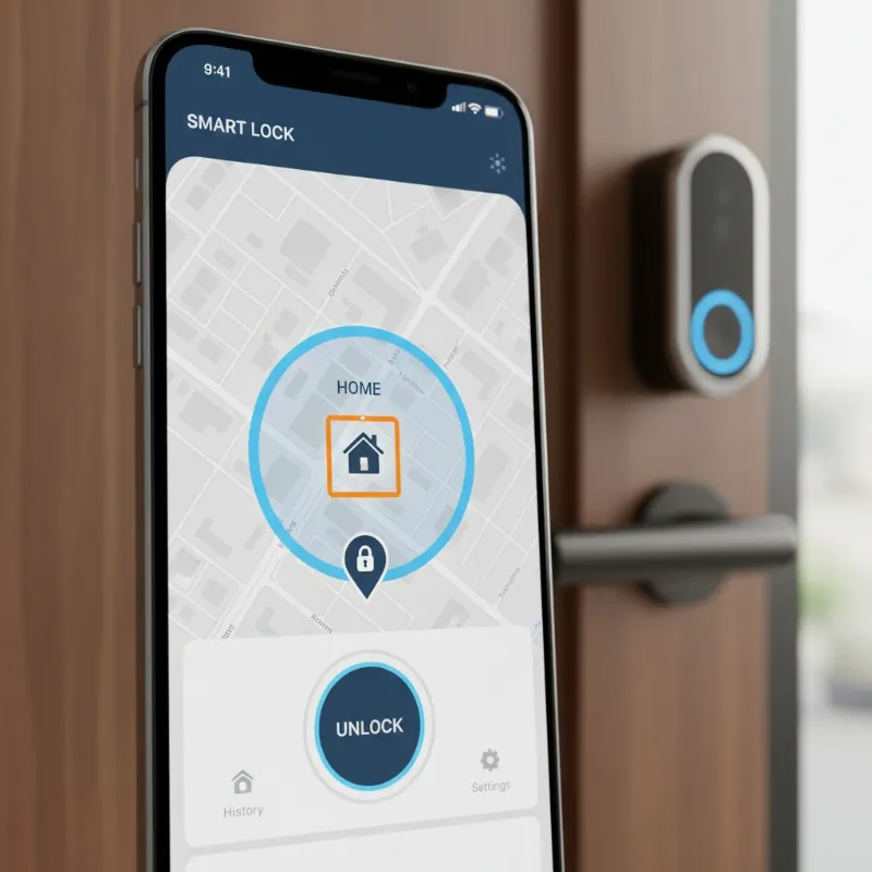 A smartphone displaying a map with a geofence boundary around a home, next to a modern smart lock installed on a door, illustrating setup process.