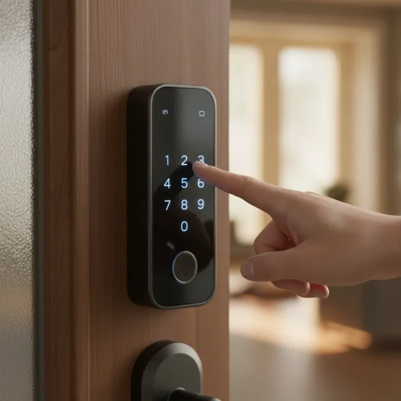 A person's hand pressing a number on a keypad smart lock, demonstrating the simple and direct keyless entry method for a door.