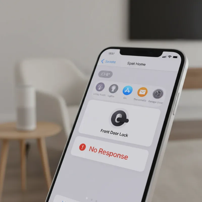 A close-up of an iPhone displaying the Apple Home app with a "No Response" message for a smart lock, emphasizing the troubleshooting context