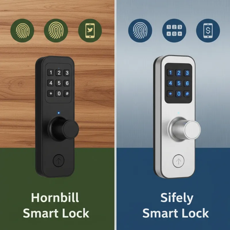 A side-by-side graphical comparison of Hornbill and Sifely smart locks, highlighting their features.