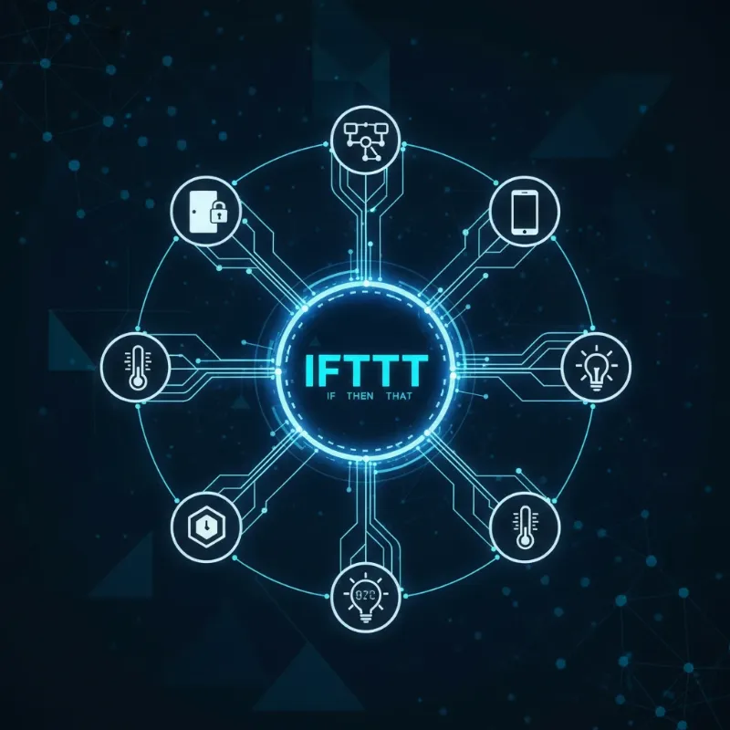 IFTTT logo connecting a smart lock icon to various smart home devices and services.