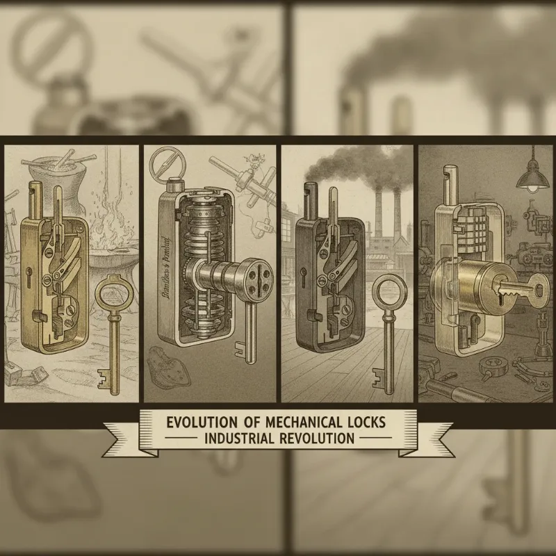 Evolution of locks from simpler medieval designs to more complex industrial-era lever and cylinder locks.