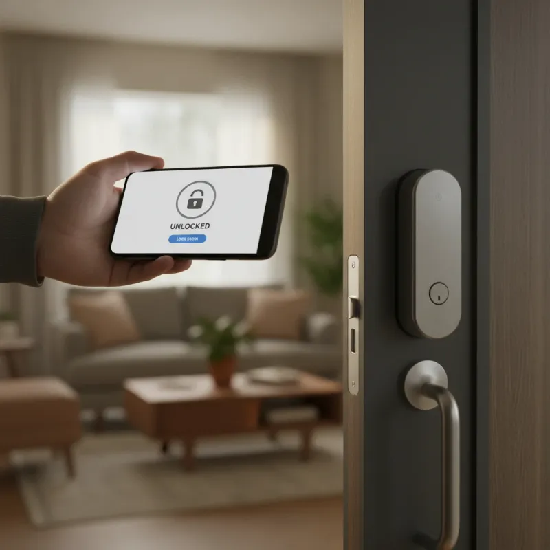 Person using a smartphone to remotely unlock a smart door lock for keyless access.