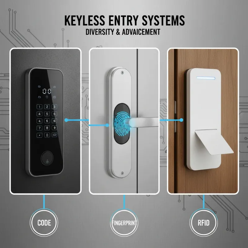 A visual comparison showing various types of keyless entry systems including keypad, fingerprint, and card readers.