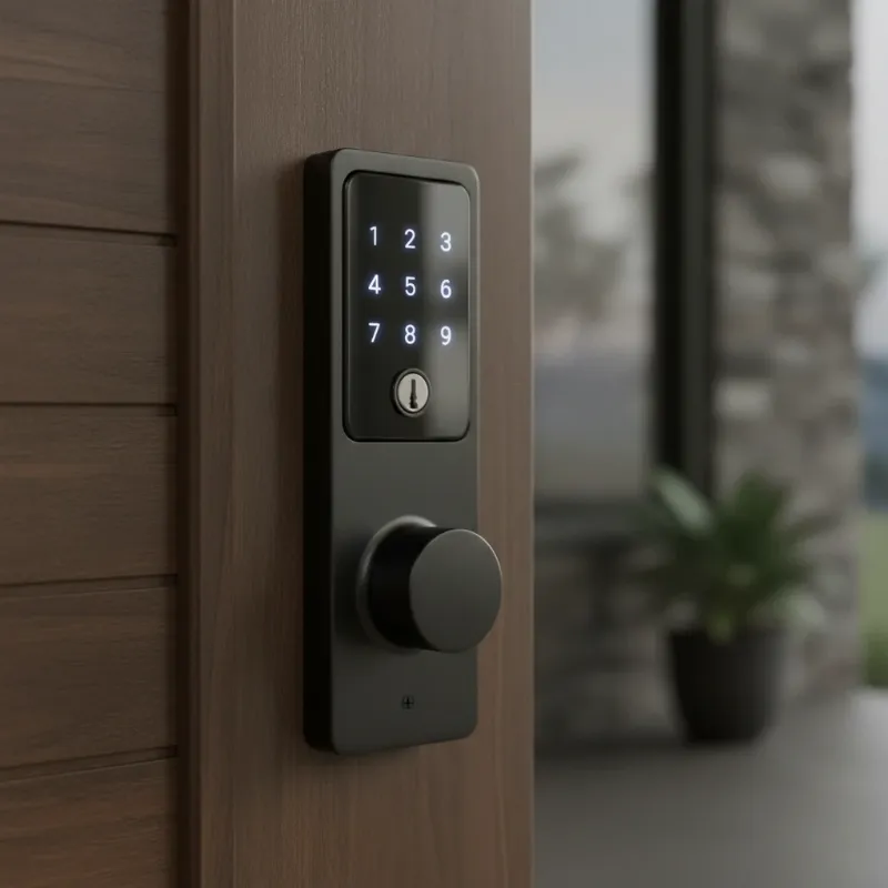 A close-up of a modern keypad smart lock integrated into a residential door, showing the illuminated numerical pad for keyless entry without a smartphone.