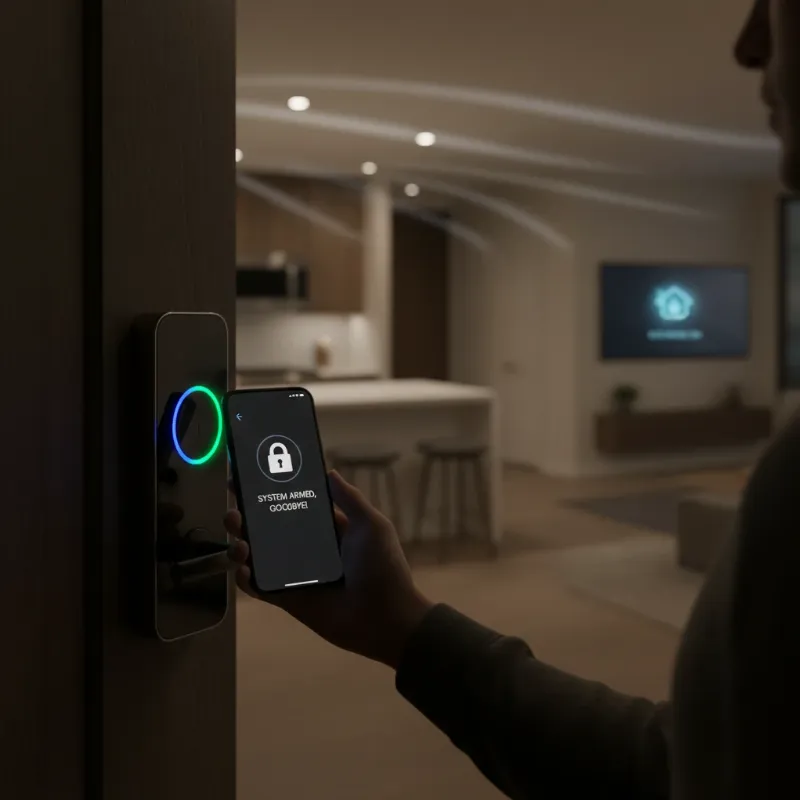 A person locking a smart door lock, triggering lights to turn off and a thermostat icon appearing, symbolizing the "Leaving Home" routine.