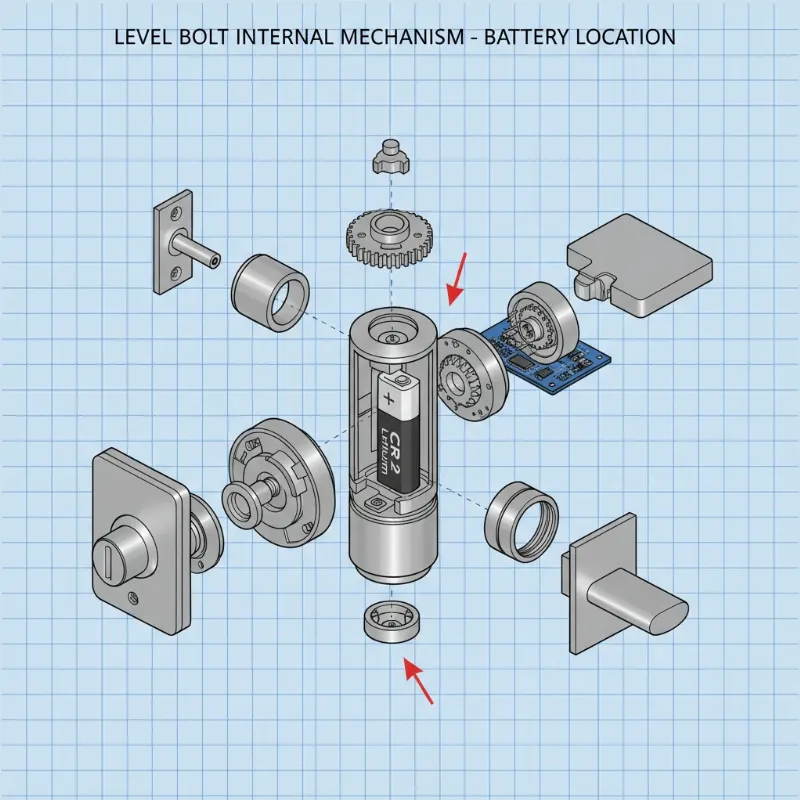 Diagram showing the CR2 lithium battery discreetly housed inside the Level Bolt deadbolt mechanism.