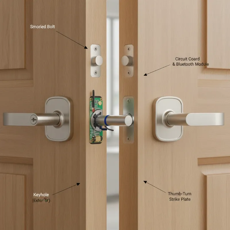 Level Bolt smart lock interior mechanism concealed within a standard door deadbolt assembly.