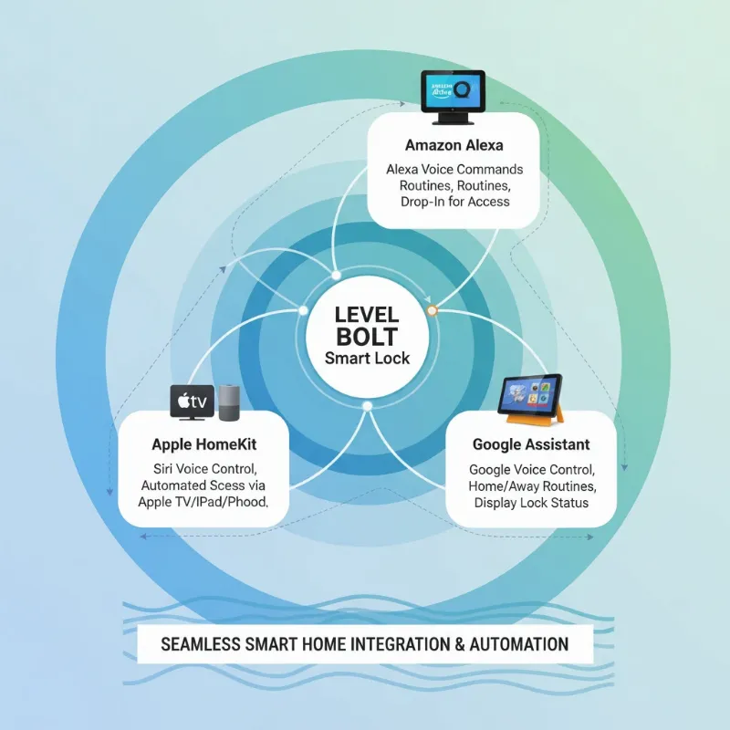 Graphic illustrating Level Bolt integrating with various smart home hubs and devices like Apple HomeKit, Alexa, Google Assistant.