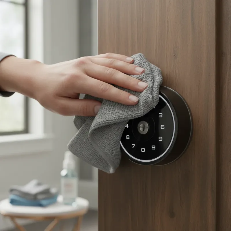 A person cleaning the keypad of a Schlage smart lock with a soft cloth to ensure optimal performance.