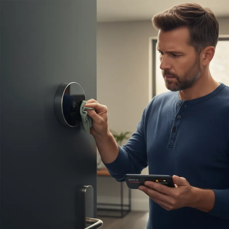 A man troubleshooting a facial recognition smart lock on his front door.